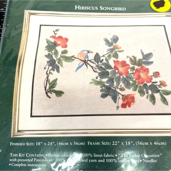 RARE Elsa Williams Hibiscus Songbird Needlepoint Kit 18" x 24" Finished Size - Picture 3 of 4